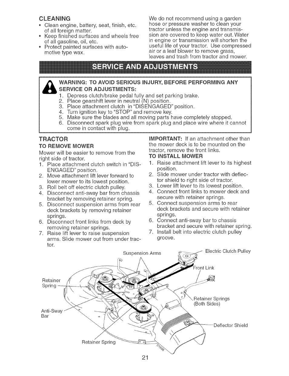 Cleaning, Service and adjustment | Craftsman 917.273631 User Manual | Page 21 / 56