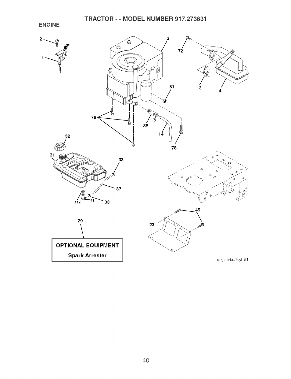 Optional equipment, Engine, Optional equipment spark arrester | Craftsman 917.273631 User Manual | Page 40 / 56