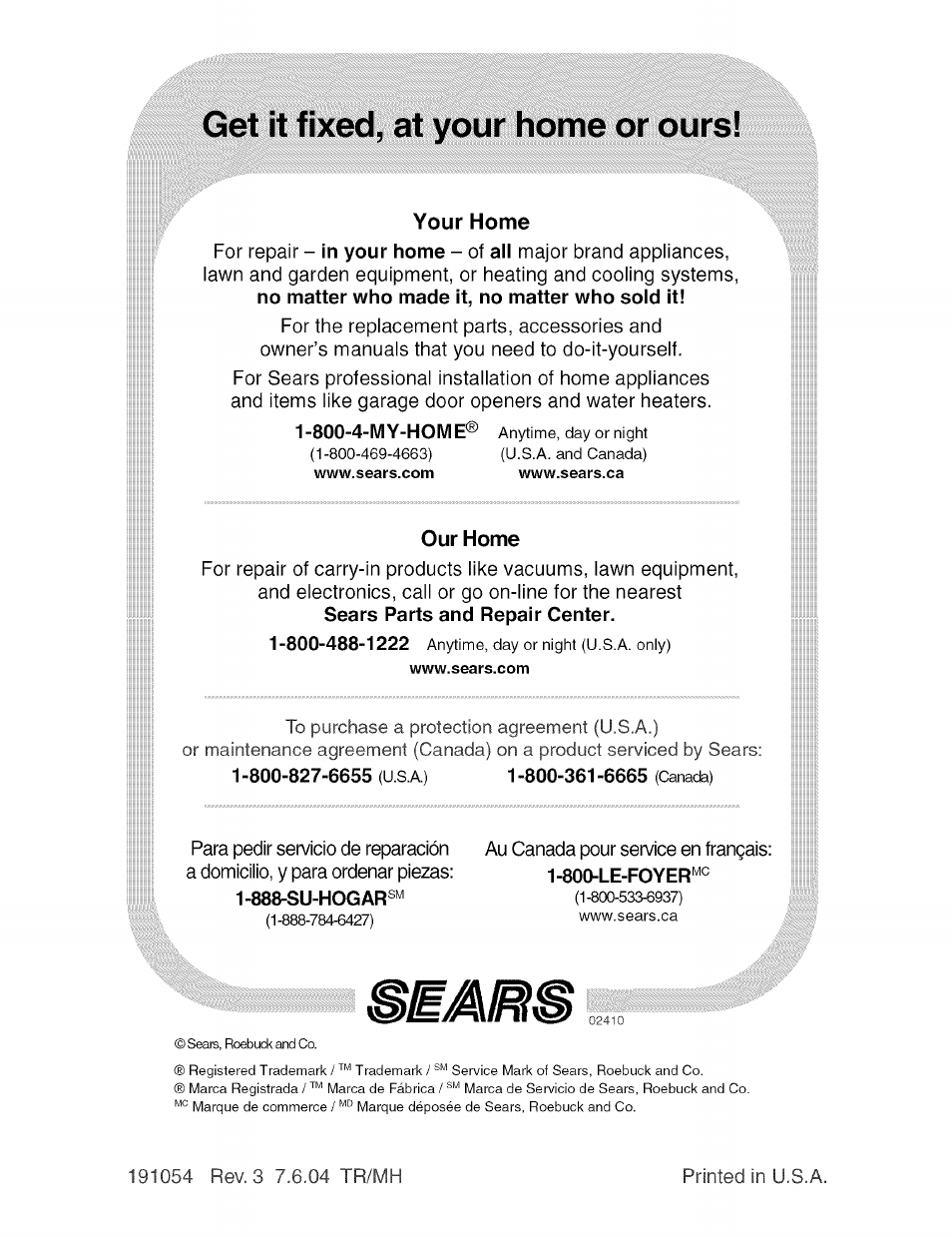 Get it fixed, at your home or ours | Craftsman 917.273631 User Manual | Page 56 / 56