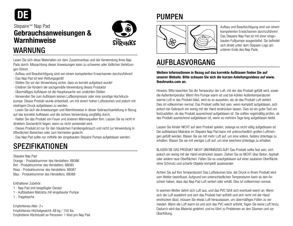 Pumpen, Aufblasvorgang, Warnung | Spezifikationen, Gebrauchsanweisungen & warnhinweise | The Shrunks Stepaire Bandit Nap Pad User Manual | Page 10 / 12