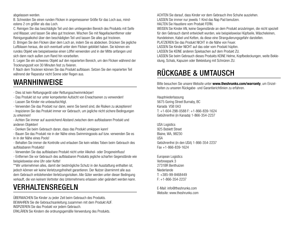 Rückgabe & umtausch, Warnhinweise, Verhaltensregeln | The Shrunks Stepaire Bandit Nap Pad User Manual | Page 12 / 12