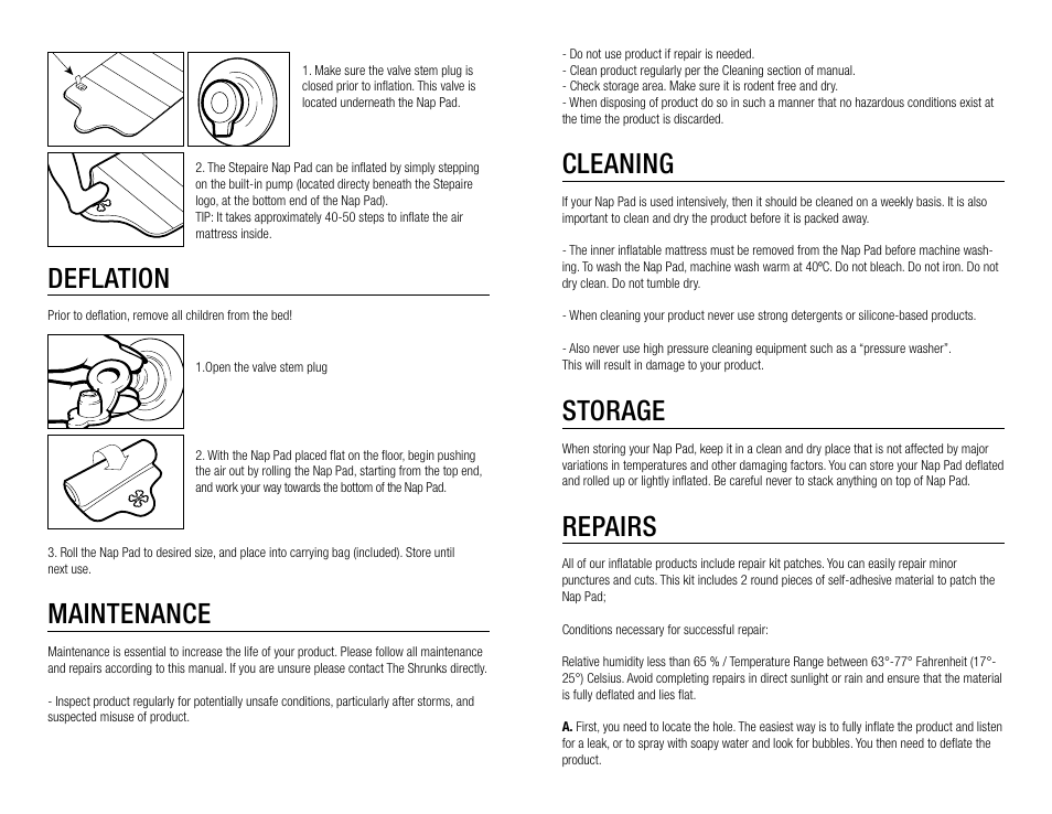 Cleaning, Storage, Repairs | Deflation, Maintenance | The Shrunks Stepaire Bandit Nap Pad User Manual | Page 2 / 12