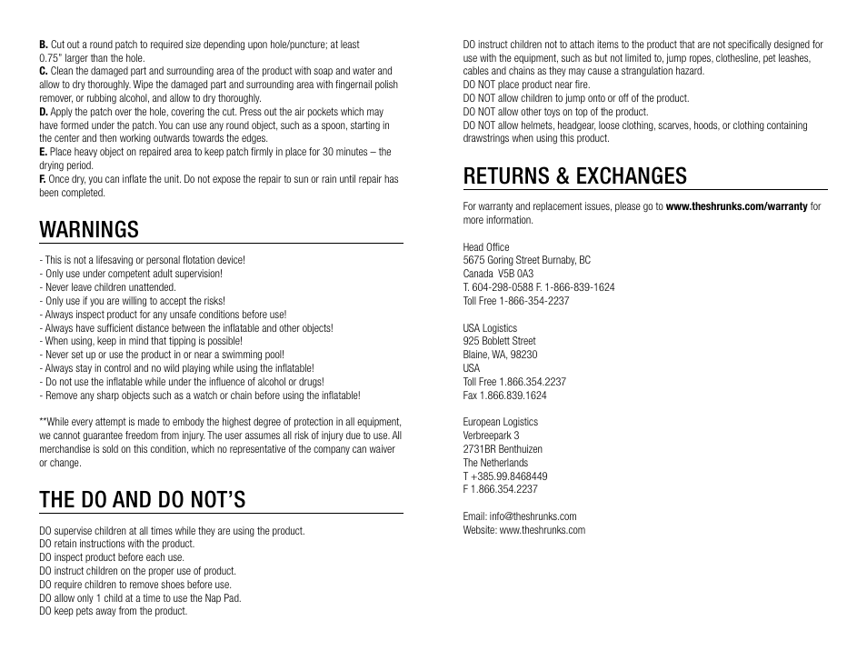 Returns & exchanges, Warnings, The do and do not’s | The Shrunks Stepaire Bandit Nap Pad User Manual | Page 3 / 12