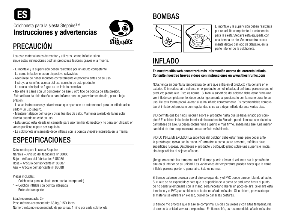 Bombas, Inflado, Precaución | Especificaciones, Instrucciones y advertencias | The Shrunks Stepaire Bandit Nap Pad User Manual | Page 4 / 12