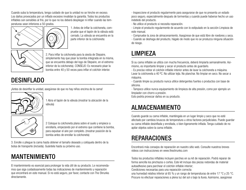 Limpieza, Almacenamiento, Reparaciones | Desinflado, Mantenimiento | The Shrunks Stepaire Bandit Nap Pad User Manual | Page 5 / 12