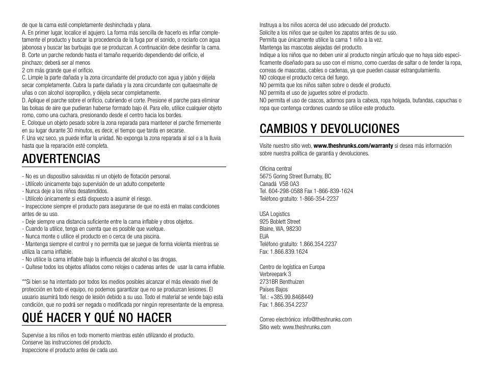 Cambios y devoluciones, Advertencias, Qué hacer y qué no hacer | The Shrunks Stepaire Bandit Nap Pad User Manual | Page 6 / 12