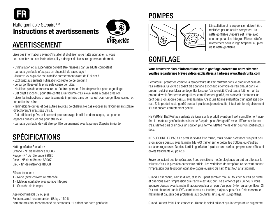 Pompes, Gonflage, Avertissement | Spécifications, Instructions et avertissements | The Shrunks Stepaire Bandit Nap Pad User Manual | Page 7 / 12