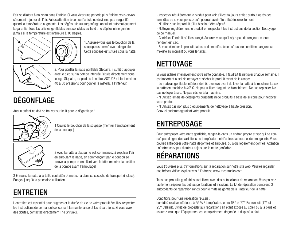 Nettoyage, Entreposage, Réparations | Dégonflage, Entretien | The Shrunks Stepaire Bandit Nap Pad User Manual | Page 8 / 12