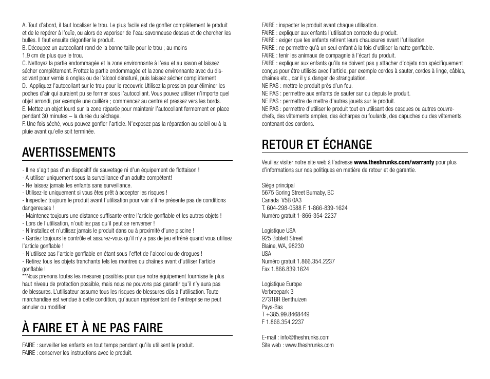 Retour et échange, Avertissements, À faire et à ne pas faire | The Shrunks Stepaire Bandit Nap Pad User Manual | Page 9 / 12