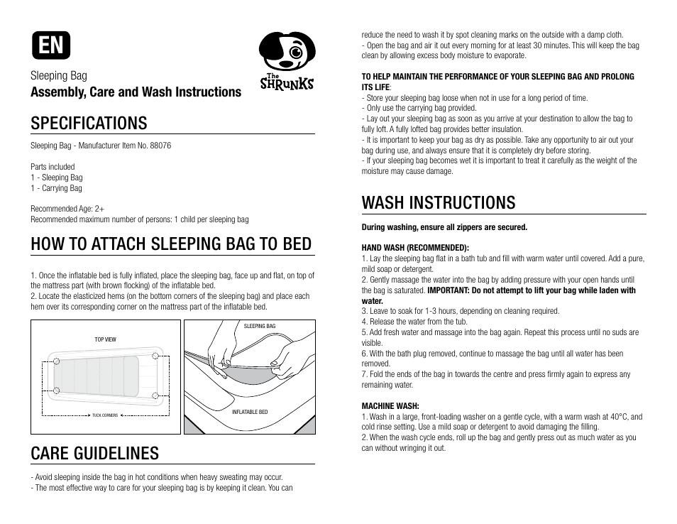 The Shrunks Indoor Tuckaire Toddler Sleeping Bag User Manual | 5 pages