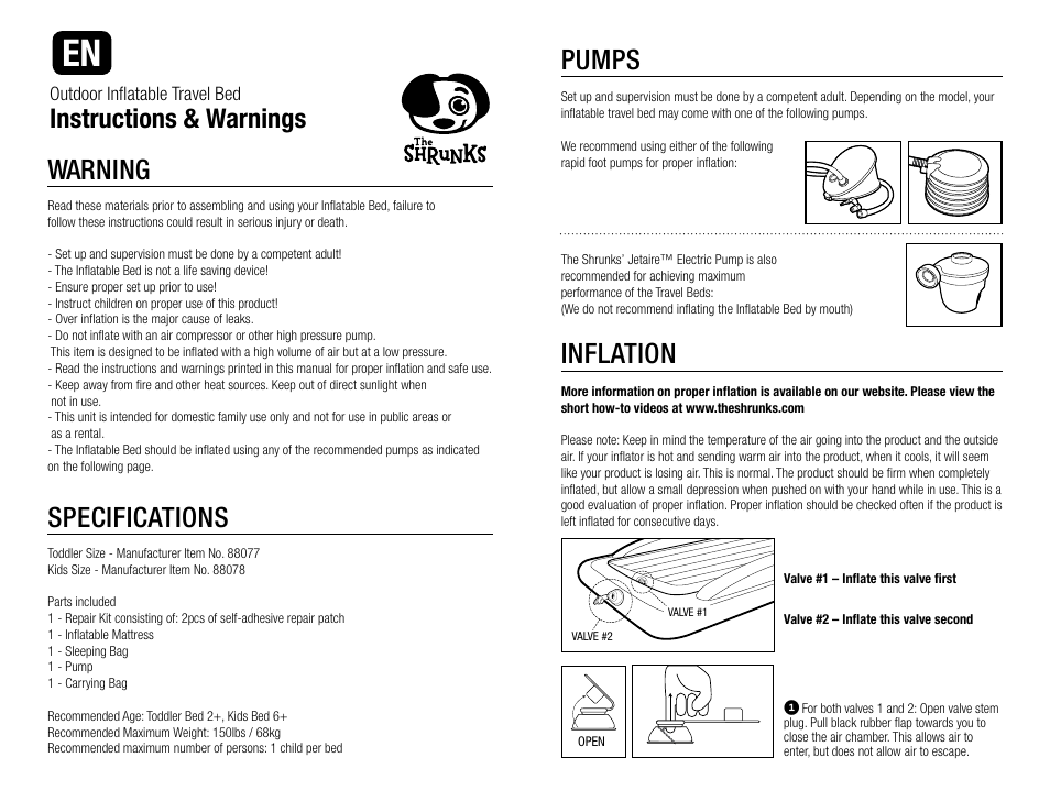 The Shrunks Outdoor Tuckaire Kids Travel Bed User Manual | 12 pages