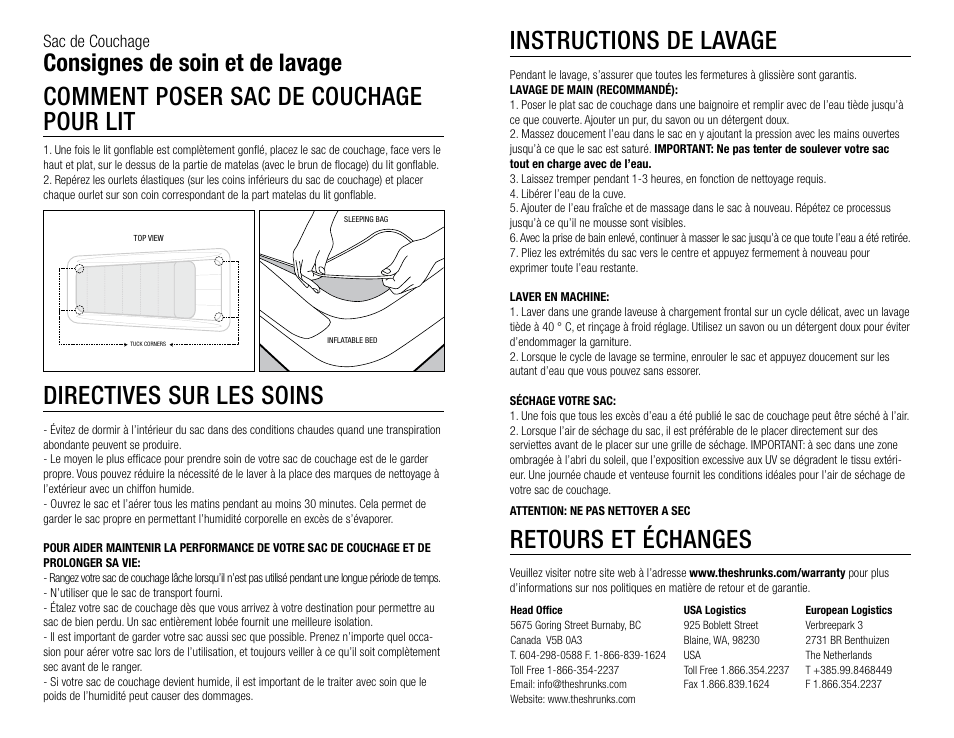 Comment poser sac de couchage pour lit, Directives sur les soins, Instructions de lavage | Retours et échanges, Consignes de soin et de lavage | The Shrunks Outdoor Tuckaire Kids Travel Bed User Manual | Page 12 / 12