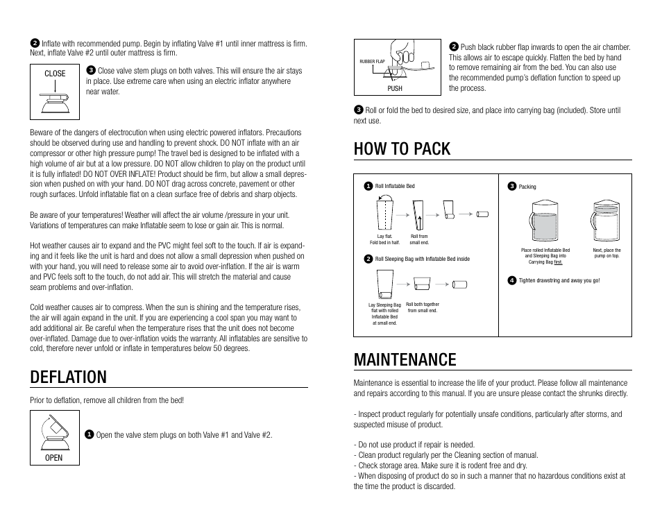 How to pack maintenance, Deflation | The Shrunks Outdoor Tuckaire Kids Travel Bed User Manual | Page 2 / 12