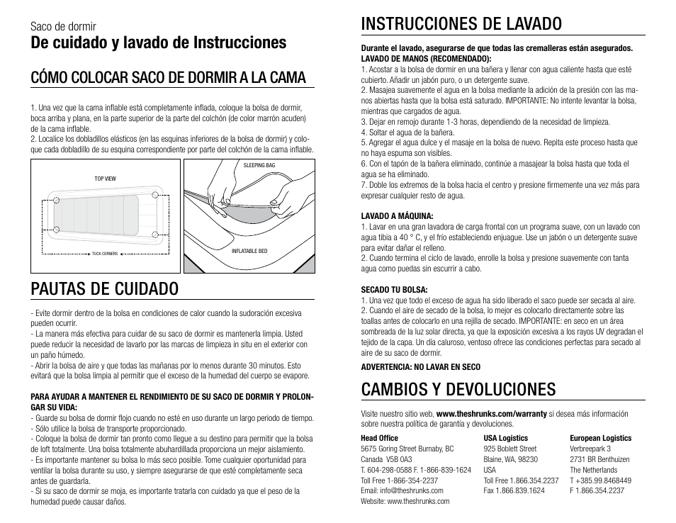Pautas de cuidado, Instrucciones de lavado, Cambios y devoluciones | De cuidado y lavado de instrucciones, Cómo colocar saco de dormir a la cama | The Shrunks Outdoor Tuckaire Kids Travel Bed User Manual | Page 8 / 12