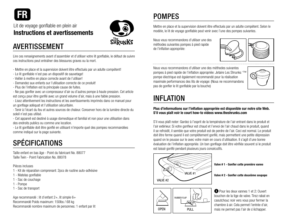 Pompes, Inflation, Avertissement | Spécifications, Instructions et avertissements, Lit de voyage gonflable en plein air | The Shrunks Outdoor Tuckaire Kids Travel Bed User Manual | Page 9 / 12