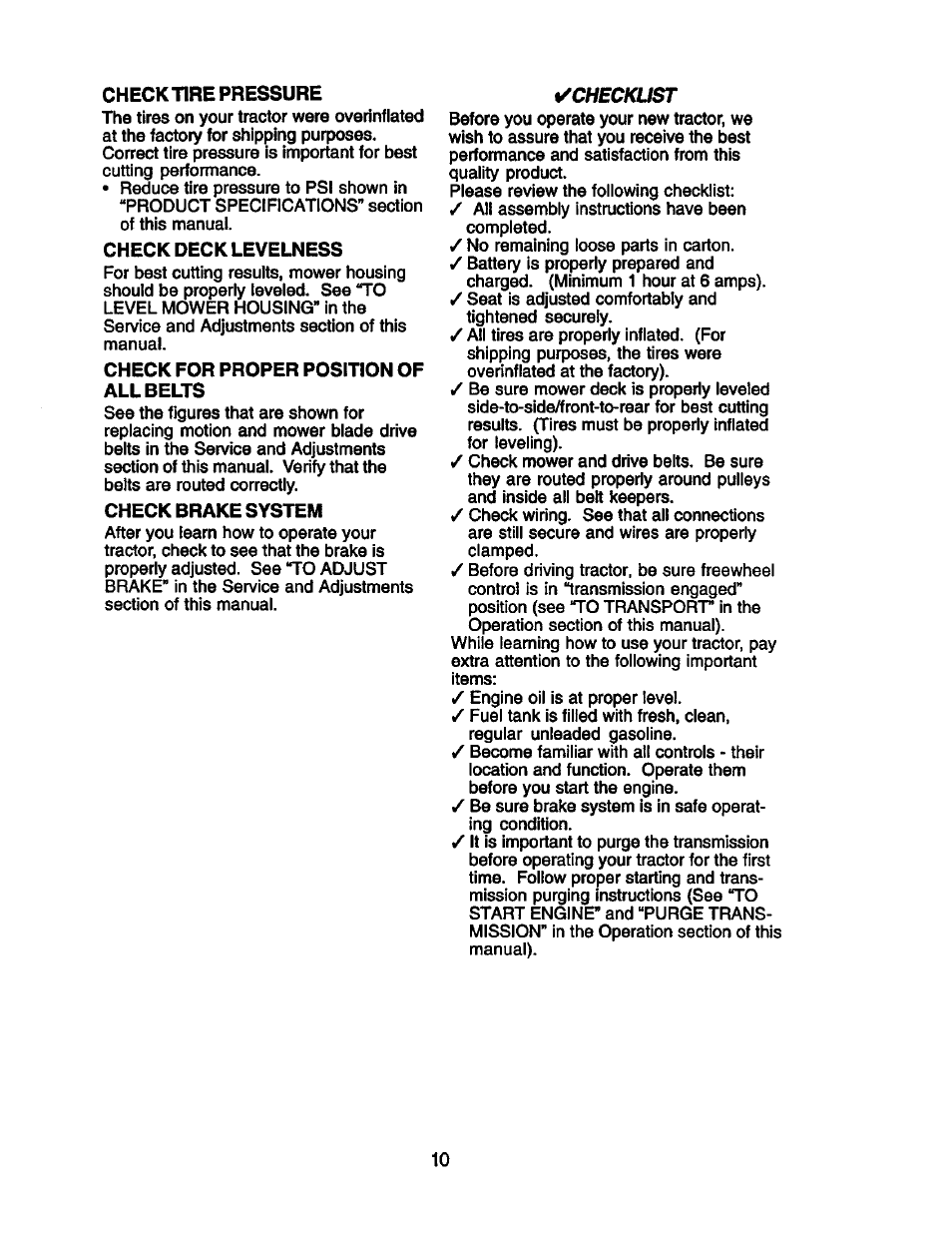 Checktire pressure, Check deck levelness, Check for proper position of all belts | Check brake system, T^checkust | Craftsman 917.272281 User Manual | Page 10 / 60