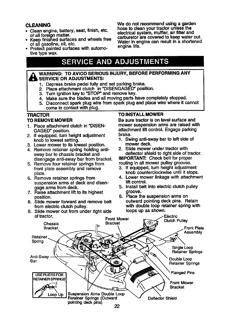 Service and adjustments, Cleaning, Tractor | Craftsman 917.272281 User Manual | Page 22 / 60