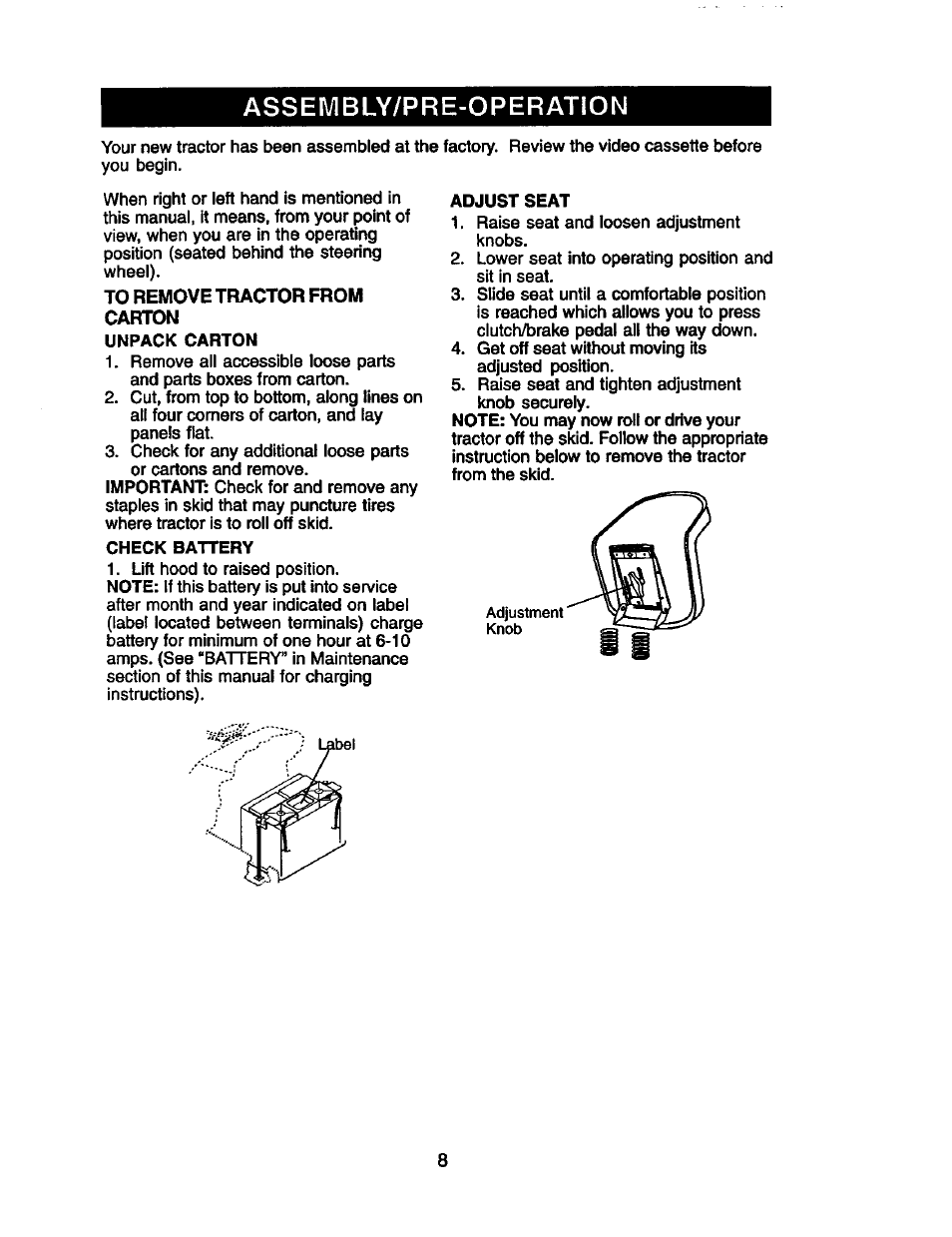 Assembly/pre-operation, To remove tractor from carton | Craftsman 917.272281 User Manual | Page 8 / 60