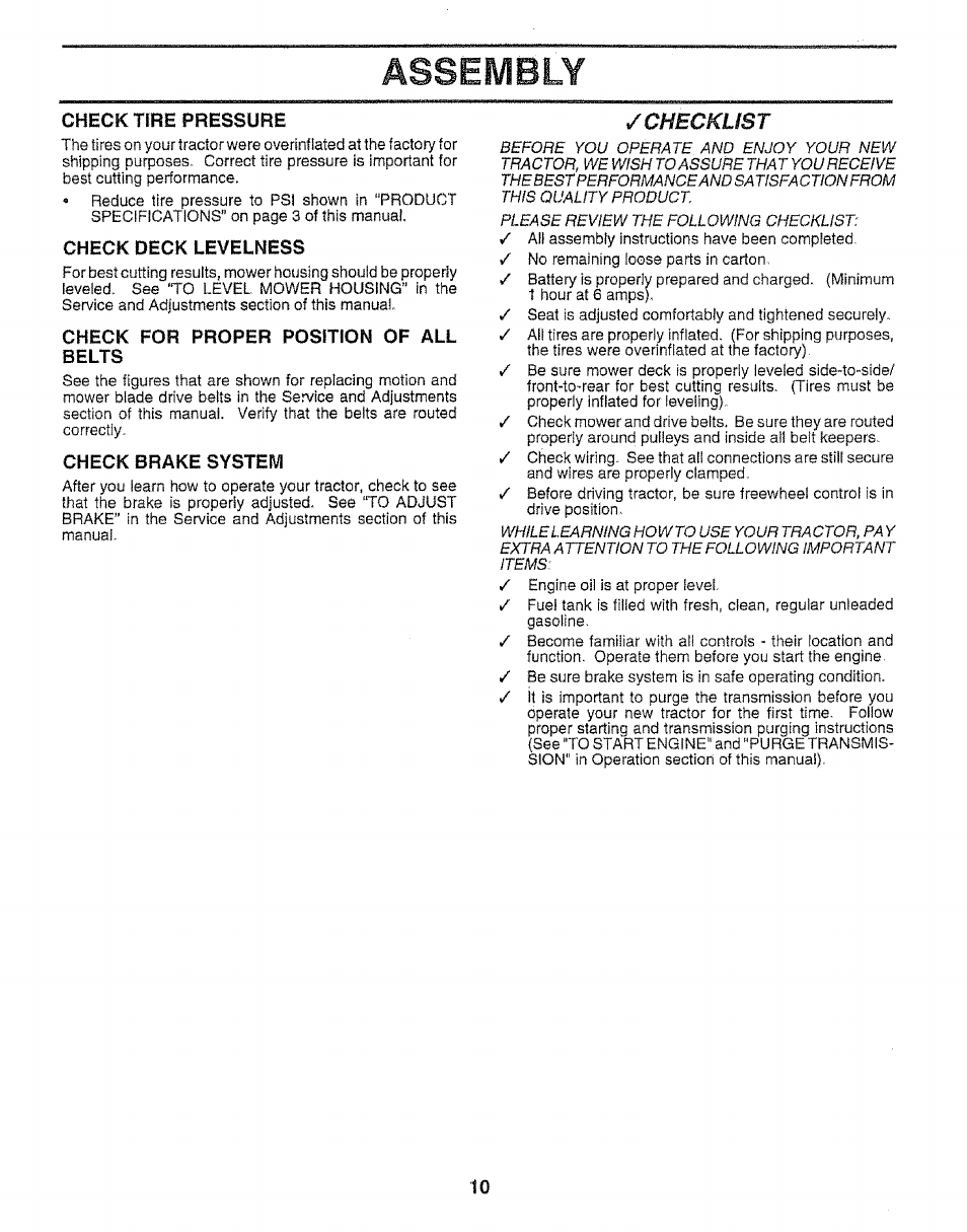 Check tíre pressure, Check deck levelness, Check for proper position of all belts | Check brake system, Assembly, Checklist | Craftsman 917.259592 User Manual | Page 10 / 60