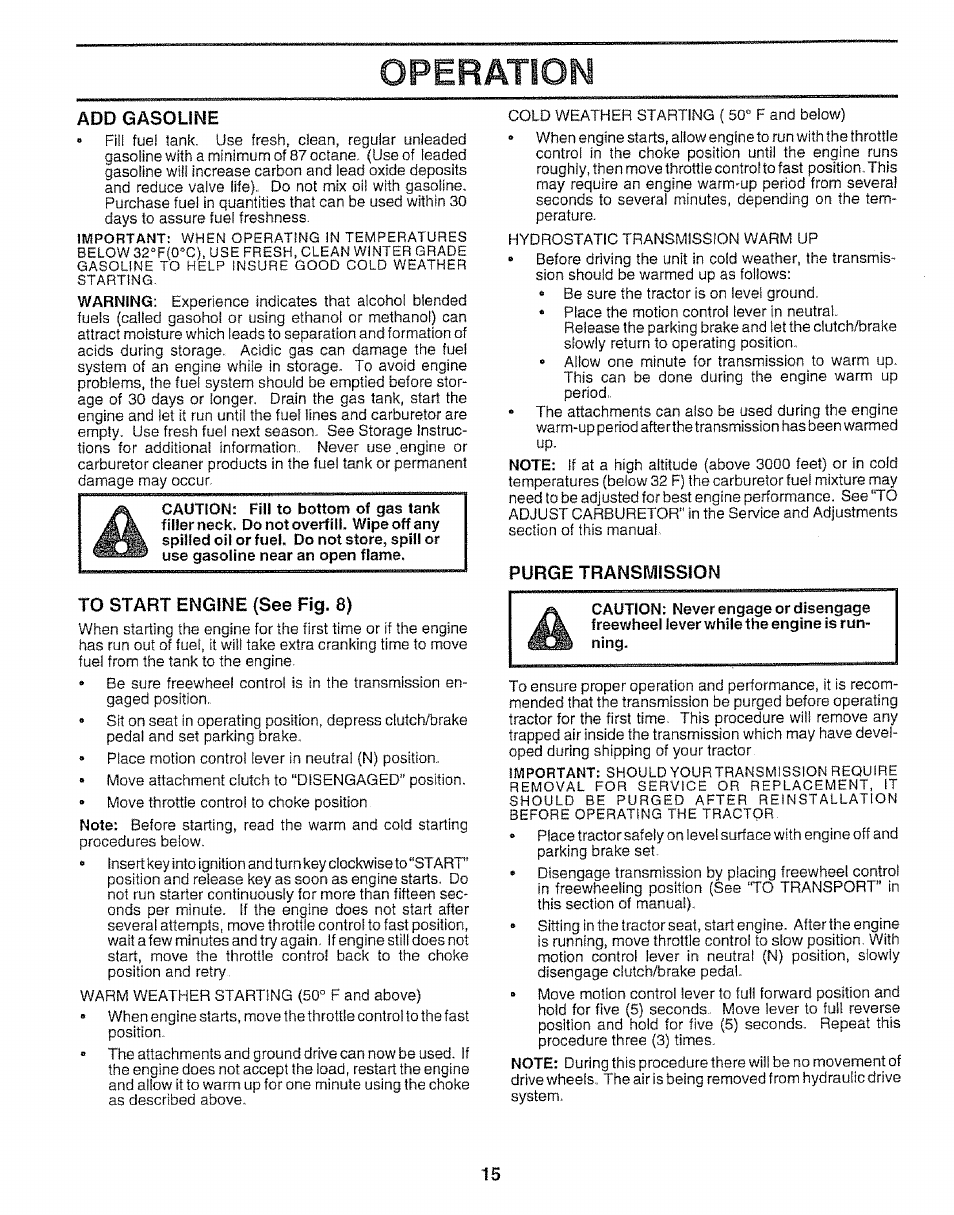 Add gasoline, To start engine (see fig. 8), Purge transmission | Operation | Craftsman 917.259592 User Manual | Page 15 / 60