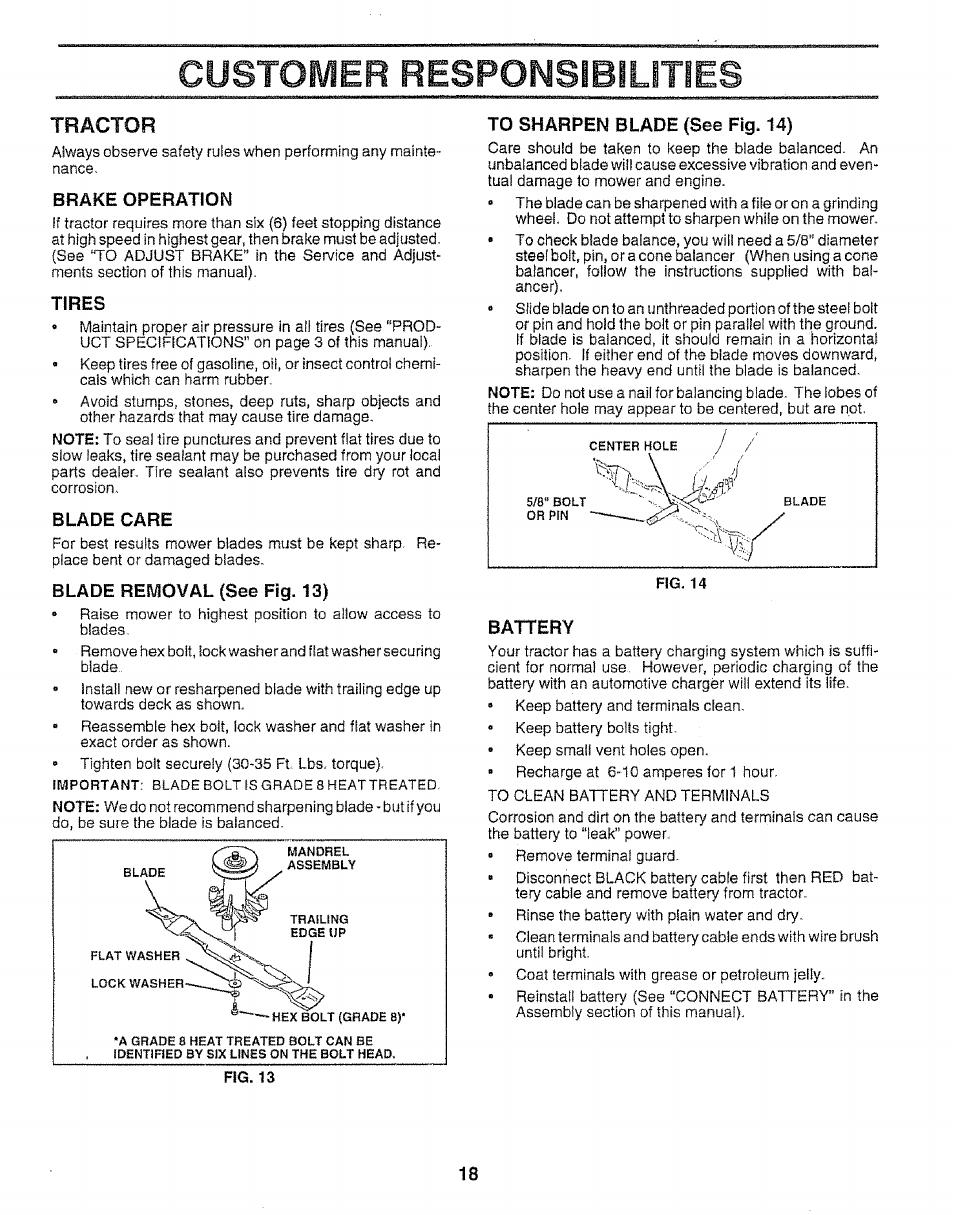 Brake operation, Tires, Blade care | Blade removal (see fig. 13), To sharpen blade (see fig. 14), Battery, Battery......................... ,18, Customer responsibilities, Tractor | Craftsman 917.259592 User Manual | Page 18 / 60