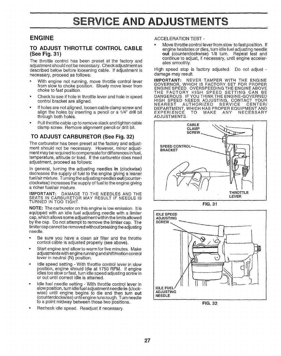 Engine, Service and adjustments | Craftsman 917.259592 User Manual | Page 27 / 60