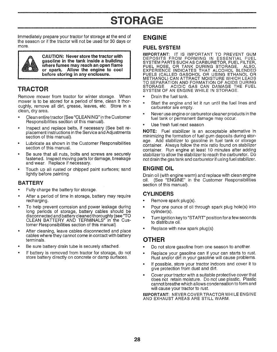 Storage, Tractor, Battery | Engine, Fuel system, Engine oil, Other, Engine oil ,19 | Craftsman 917.259592 User Manual | Page 28 / 60