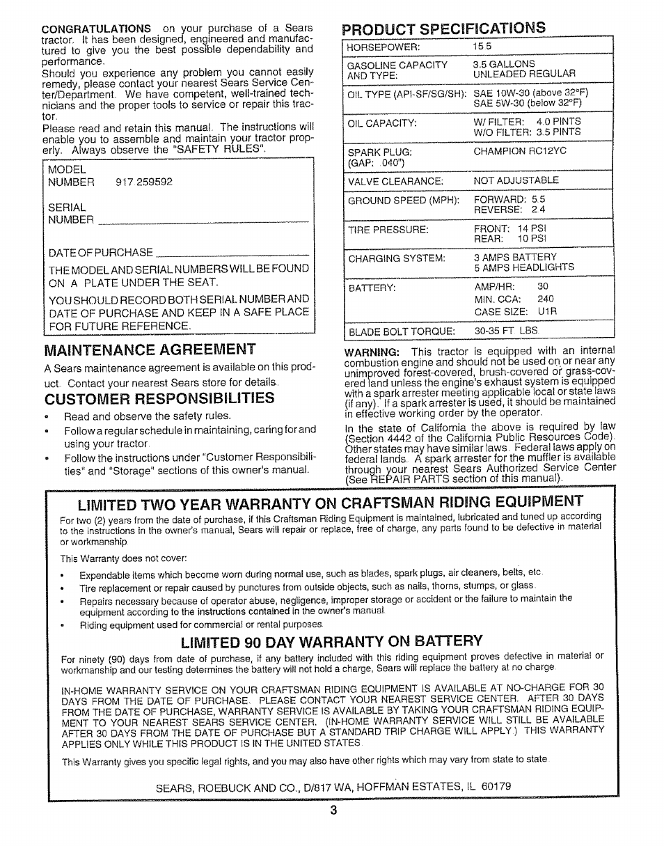 Maintenance agreement, Customer responsibilities, Limited 90 day warranty on battery | Product specifications | Craftsman 917.259592 User Manual | Page 3 / 60