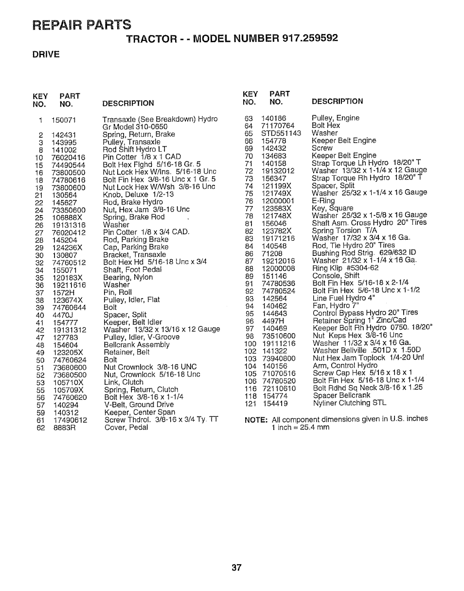 Drive, Repair parts | Craftsman 917.259592 User Manual | Page 37 / 60