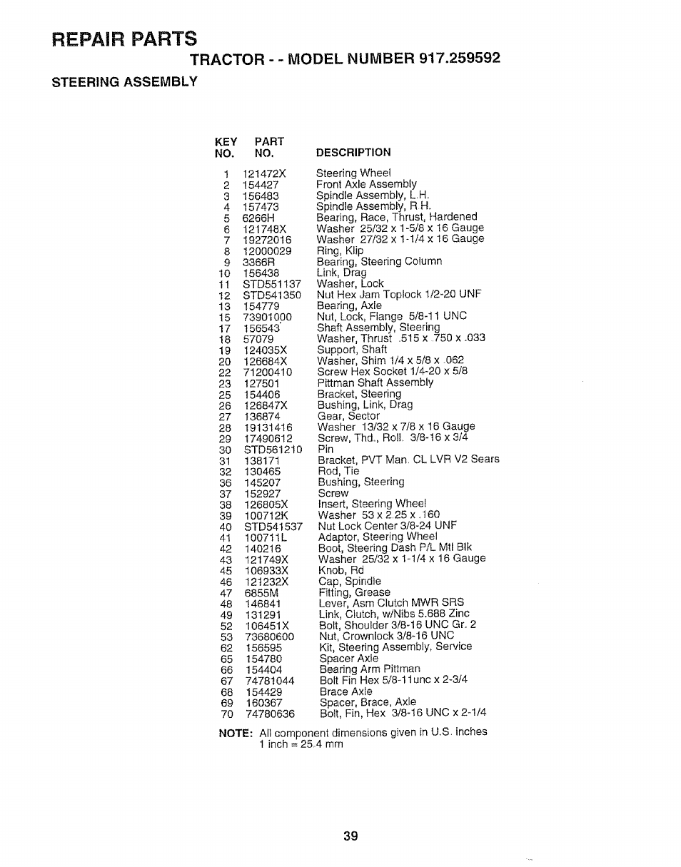 Tractor - - model number 917.259592, Steering assembly, Repair parts | Craftsman 917.259592 User Manual | Page 39 / 60