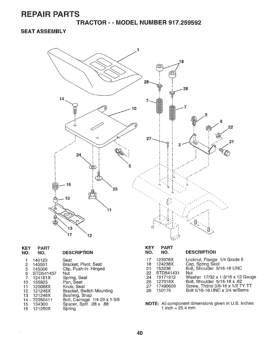 Seat assembly, Repair parts | Craftsman 917.259592 User Manual | Page 40 / 60