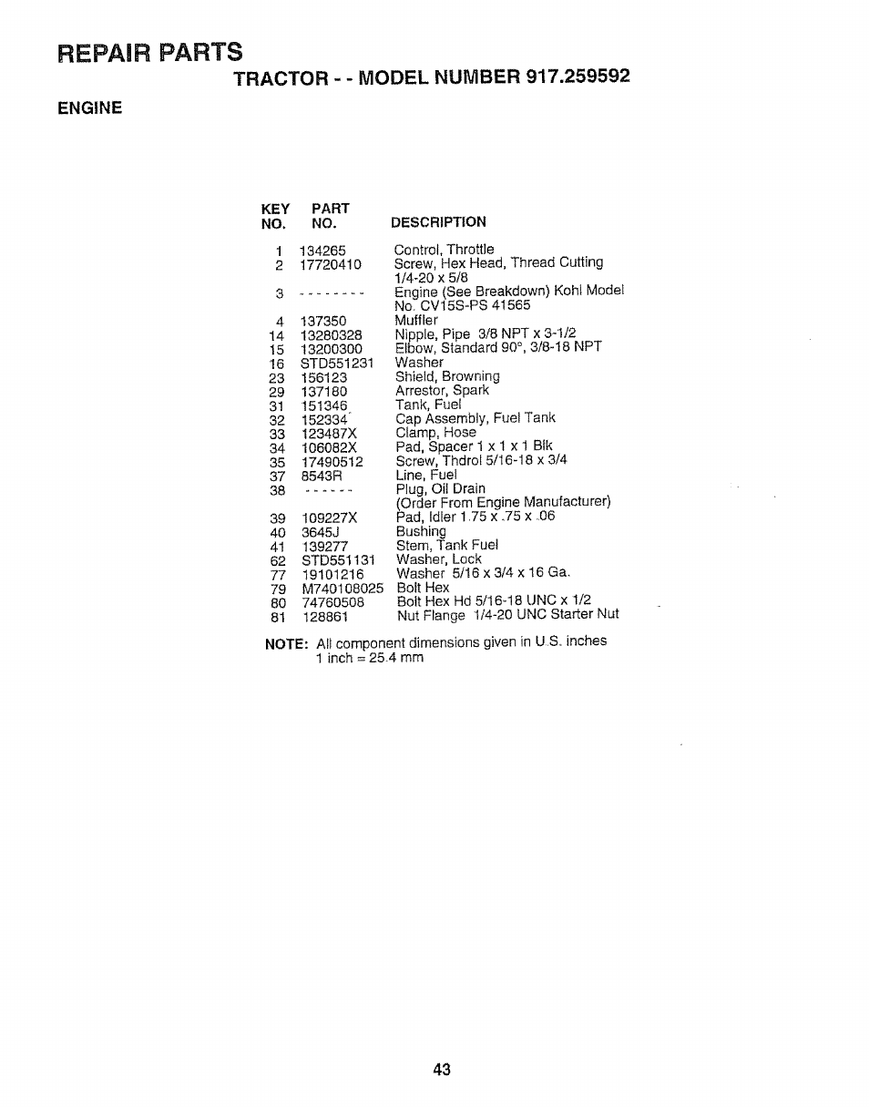 Engine, Repair parts | Craftsman 917.259592 User Manual | Page 43 / 60