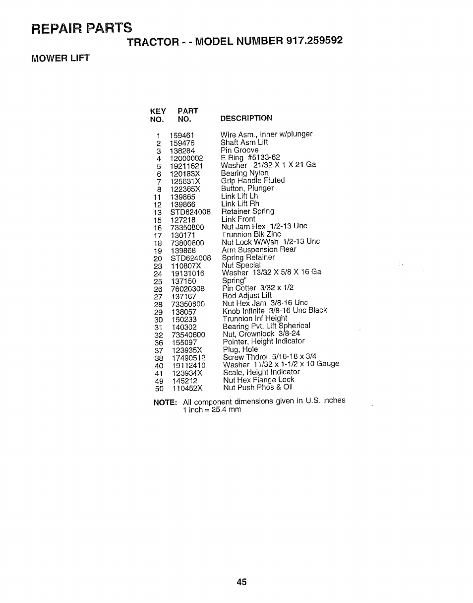 Mower lift, Repair parts | Craftsman 917.259592 User Manual | Page 45 / 60