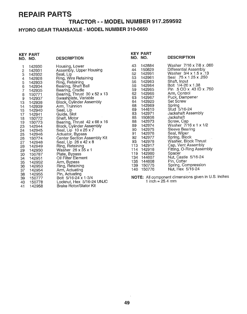 Repair parts | Craftsman 917.259592 User Manual | Page 49 / 60