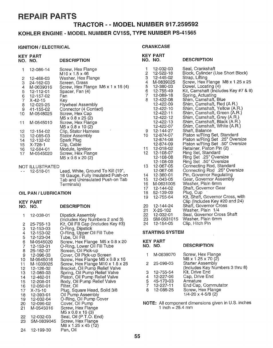 Repair parts | Craftsman 917.259592 User Manual | Page 55 / 60