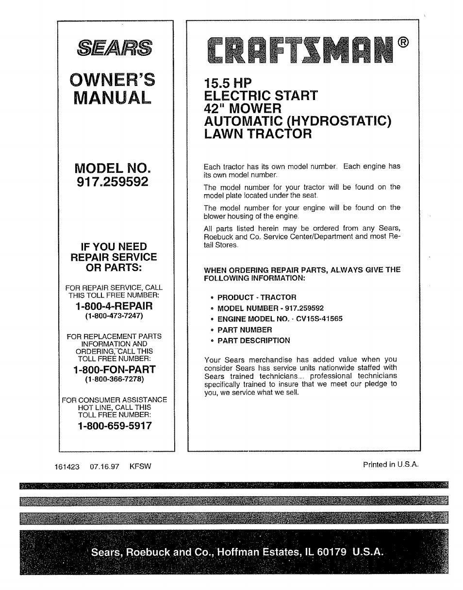 Owner’s manual, R's-i, Automatic (hydrostatic) lawn tractor model no | Craftsman 917.259592 User Manual | Page 60 / 60