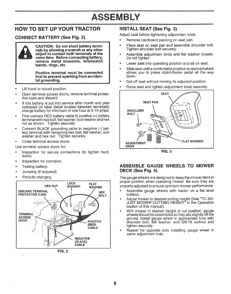 Install seat (see fig. 3), Assemble gauge wheels to ivlower deck (see fig. 4), Assembly | How to set up your tractor | Craftsman 917.259592 User Manual | Page 8 / 60