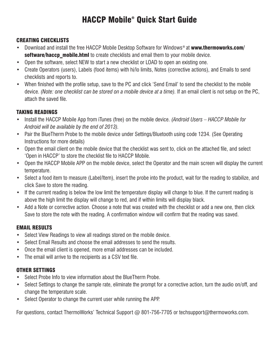 ThermoWorks HACCP MOBILE FOR USE WITH BLUETHERM BLUETOOTH TEMPERATURE PROBE User Manual | 1 page