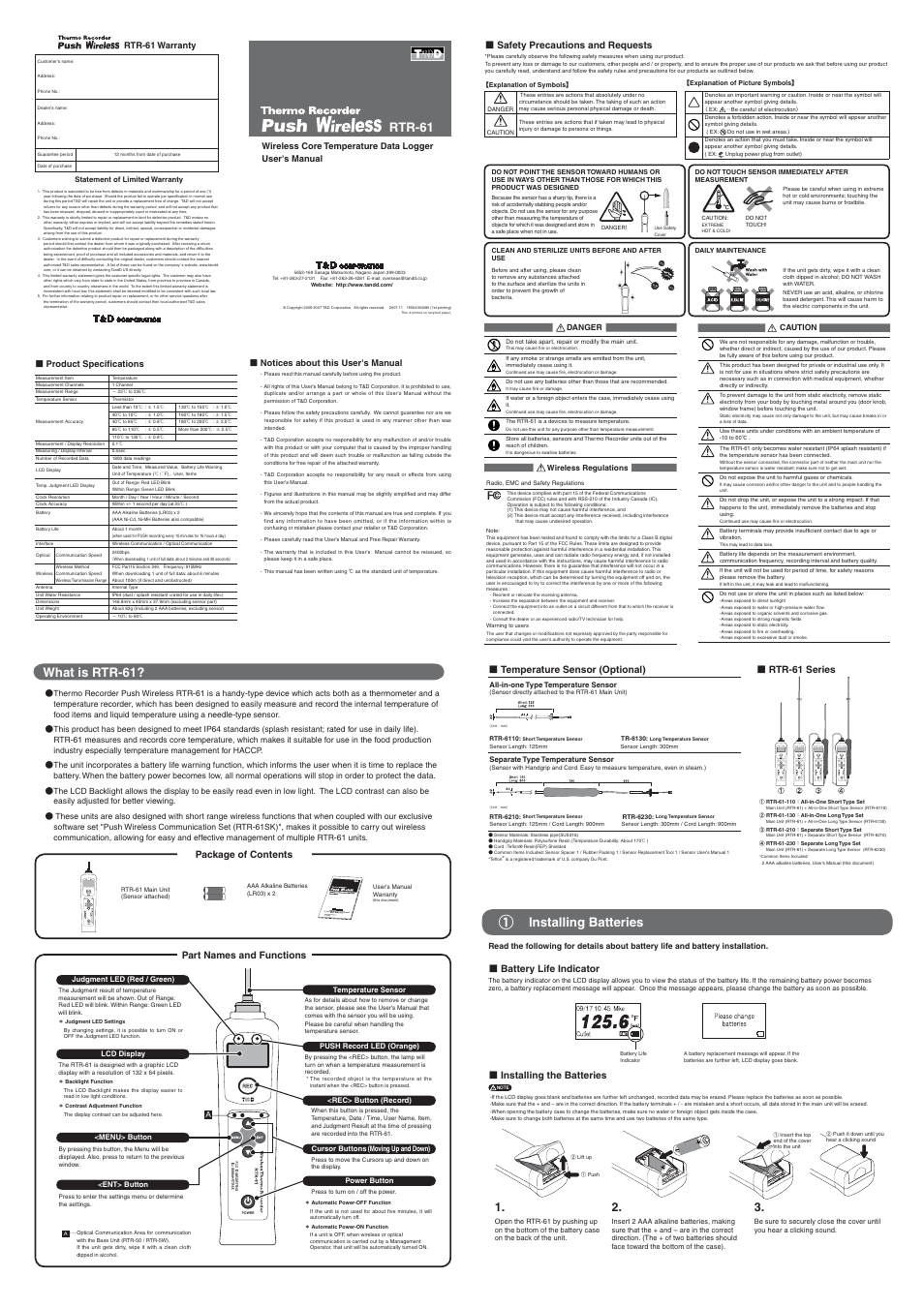 ThermoWorks RTR-61 WIRELESS HACCP RECORDING THERMOMETER User Manual | 2 pages