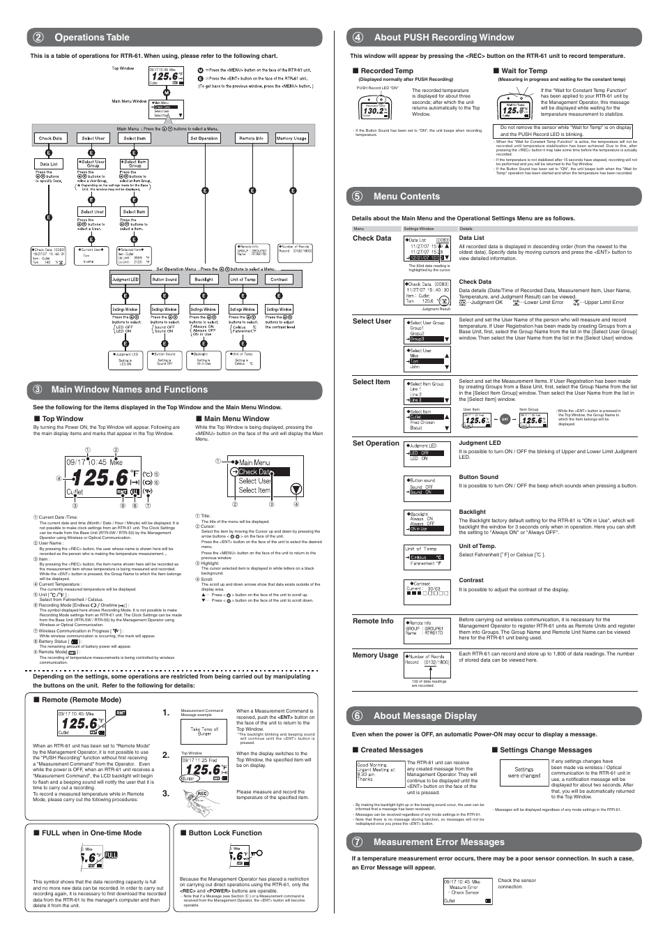 Ӳȁ o, About push recording window, Menu contents | About message display, Measurement error messages, Ӳȁ main window names and functions, Perations table | ThermoWorks RTR-61 WIRELESS HACCP RECORDING THERMOMETER User Manual | Page 2 / 2