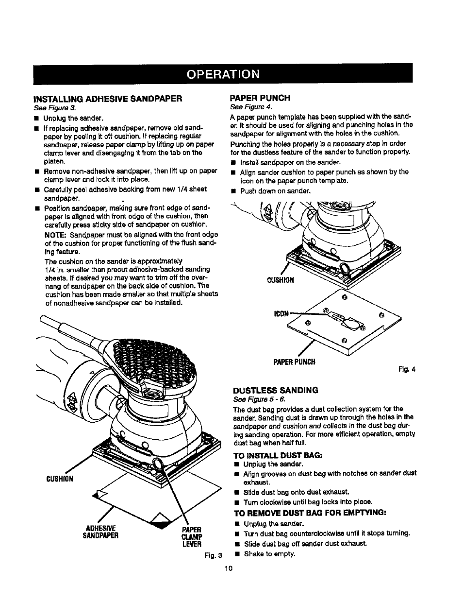 Installing adhesive sandpaper, Paper punch, Dustless sanding | Operation | Craftsman 315.279840 User Manual | Page 10 / 16