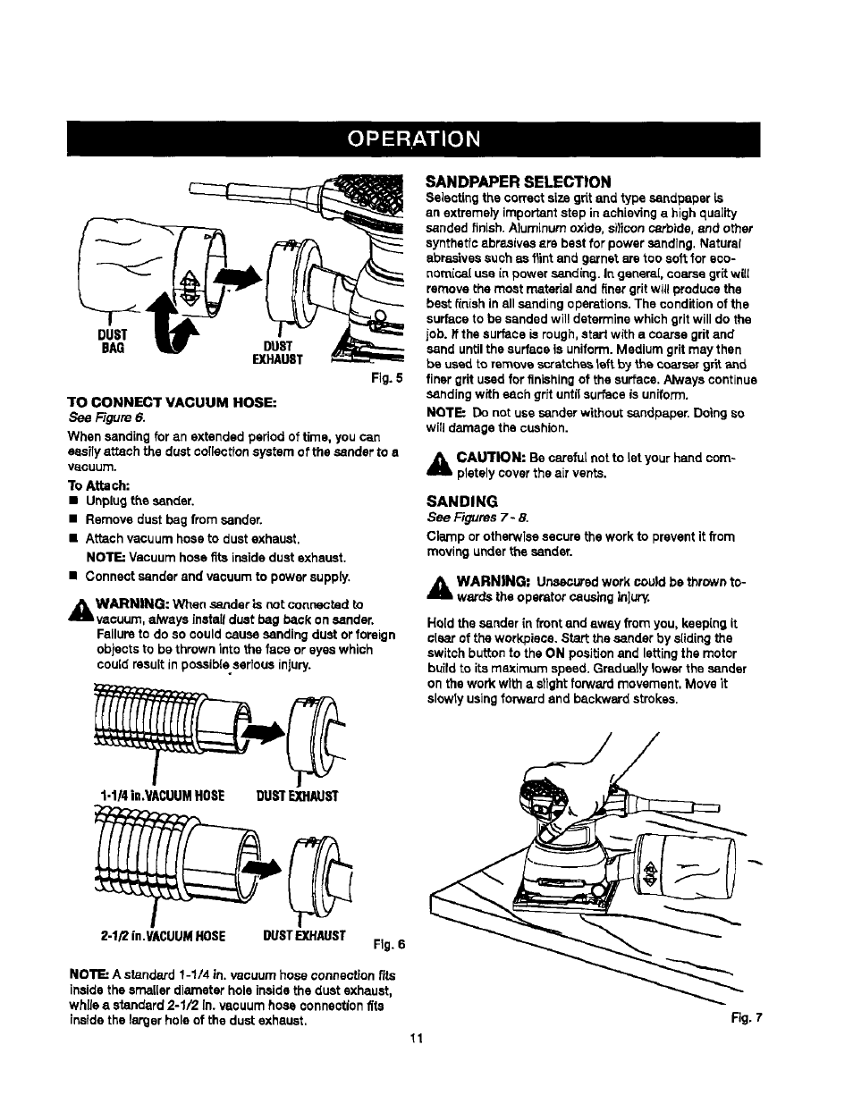 Sandpaper selection, Sanding, Operation | Craftsman 315.279840 User Manual | Page 11 / 16