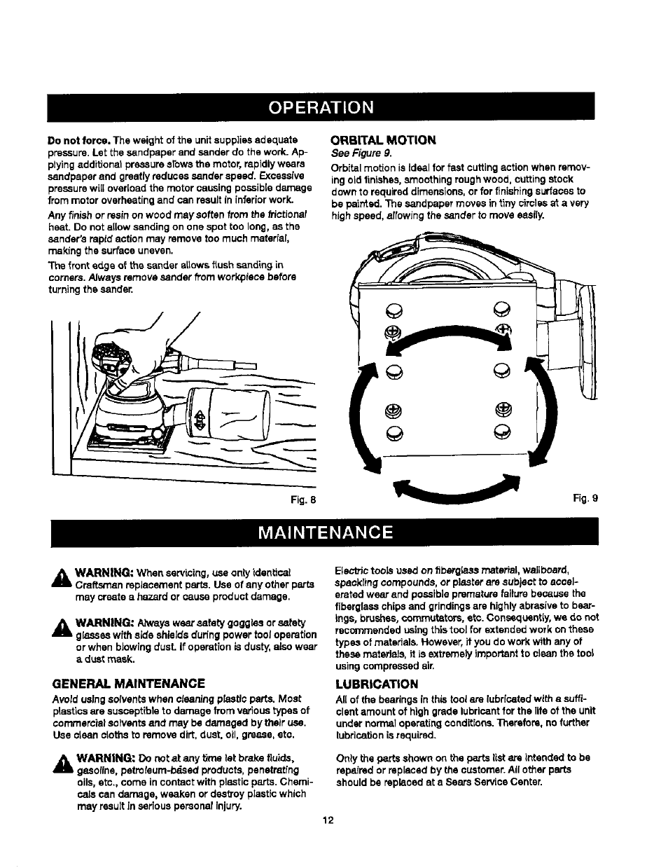 Orbital motion, Maintenance, General maintenance | Lubrication, Operation | Craftsman 315.279840 User Manual | Page 12 / 16