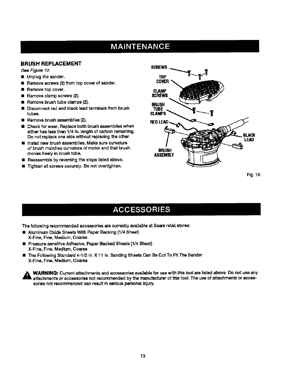 Brush replacement, Accessories, Maintenance | Craftsman 315.279840 User Manual | Page 13 / 16