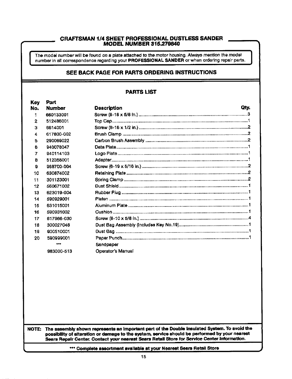 Parts list | Craftsman 315.279840 User Manual | Page 15 / 16