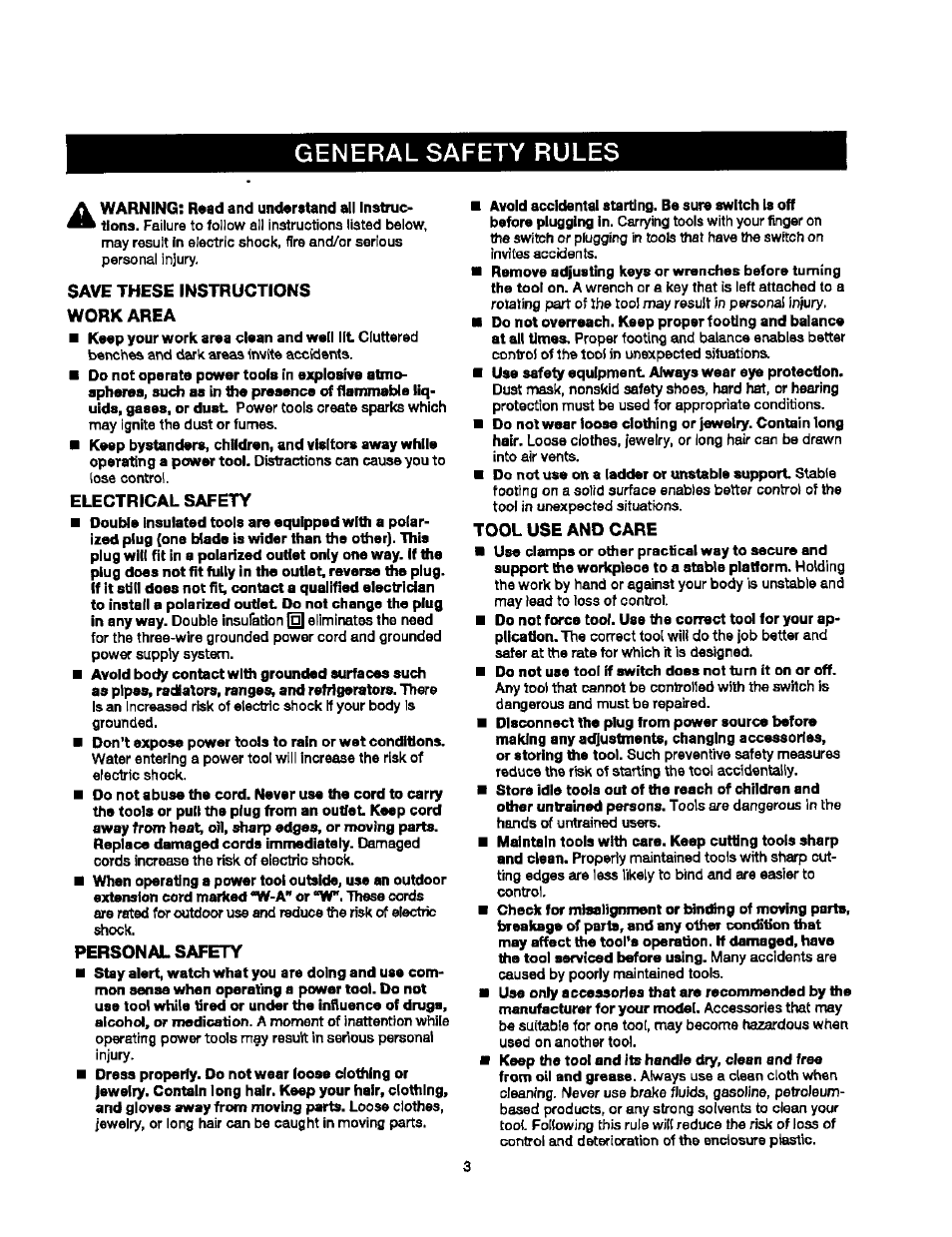 General safety rules, Save these instructions work area, Electrical safety | Personal safety, Tool use and care | Craftsman 315.279840 User Manual | Page 3 / 16