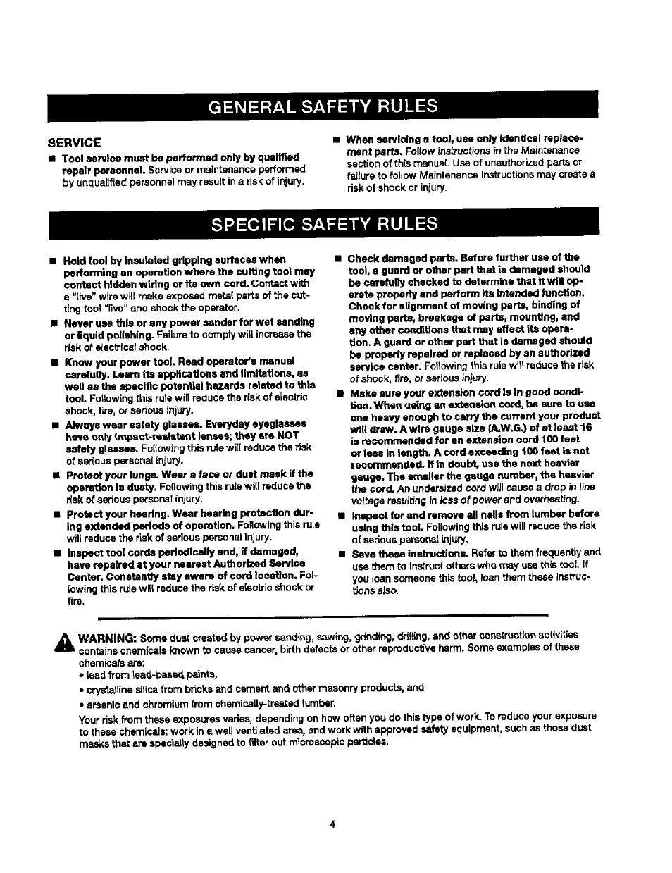General safety rules, Service, Specific safety rules | Craftsman 315.279840 User Manual | Page 4 / 16
