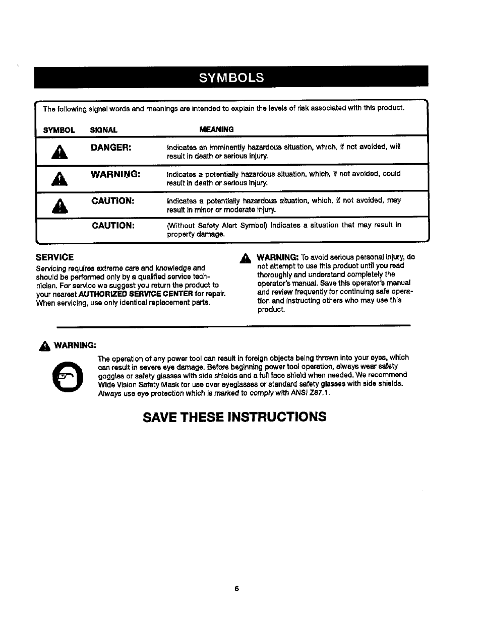 Symbols, Service, Save these instructions | Craftsman 315.279840 User Manual | Page 6 / 16