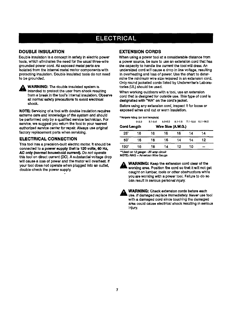 Double insulation, Electrical connection, Extension cords | Electrical | Craftsman 315.279840 User Manual | Page 7 / 16