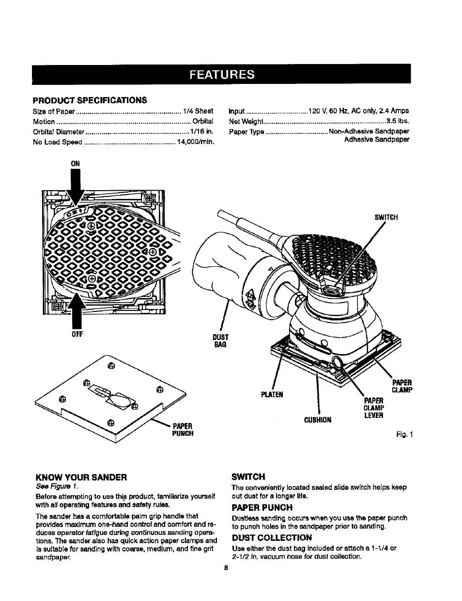 Features, Product specifications, Know your sander | Switch, Paper punch, Dust collection | Craftsman 315.279840 User Manual | Page 8 / 16